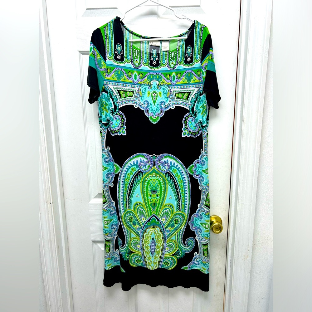 Kim Rogers stretch dress size Large short sleeve bold multi color print